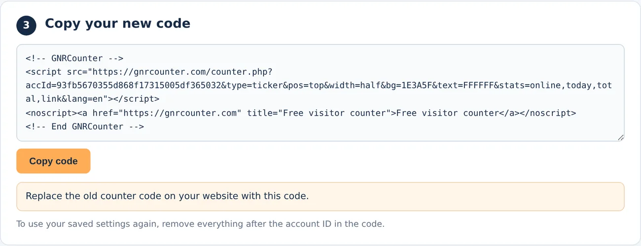 The new code box with the Copy code button