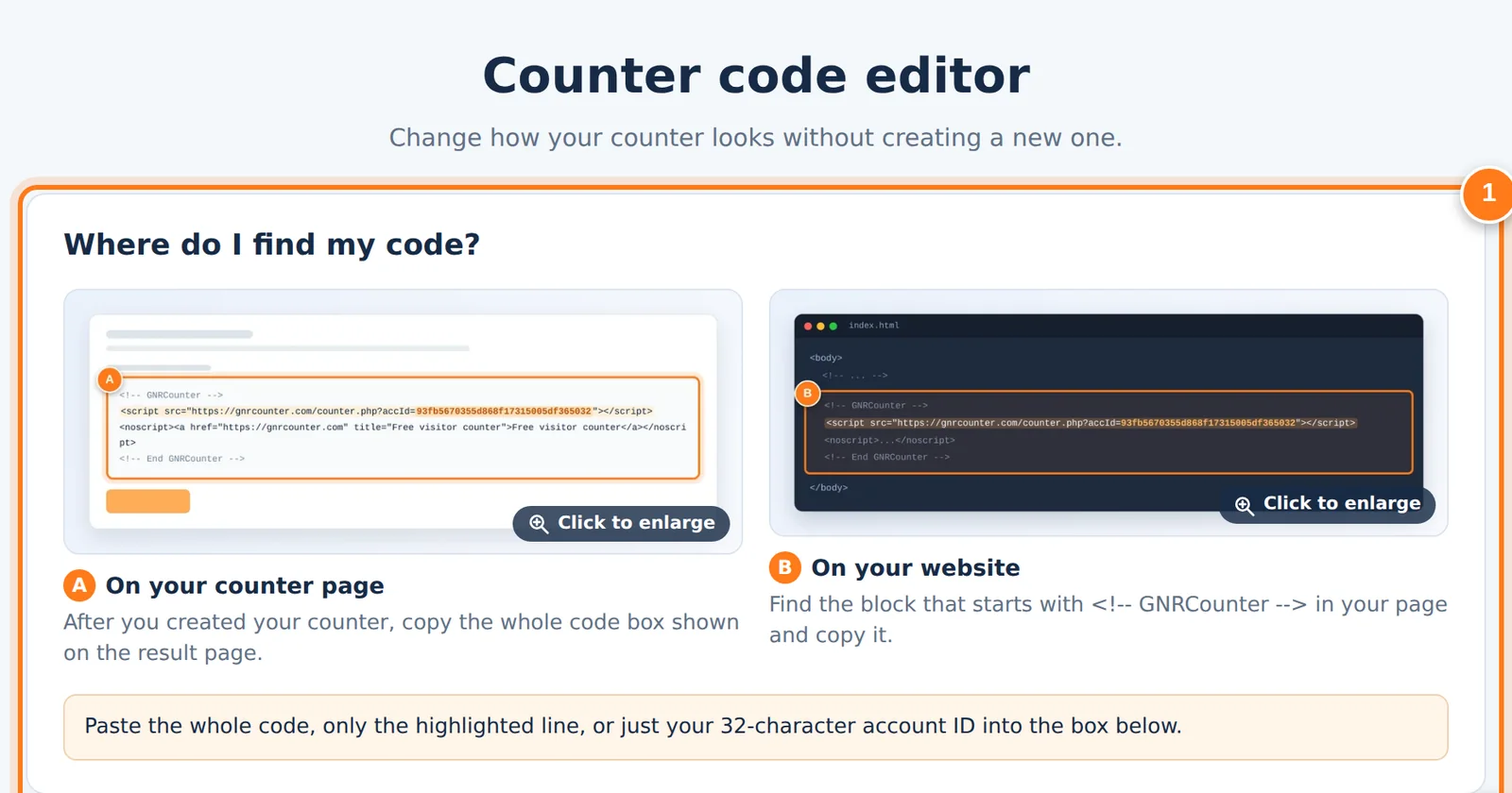 The GNRCounter code editor with the area for finding your code and the box for pasting it