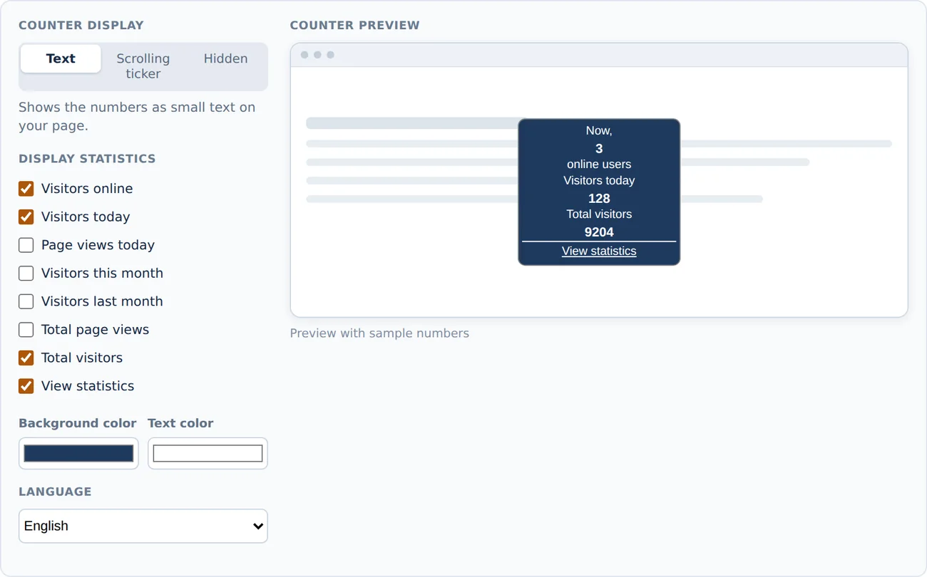 Options and preview for the Text display