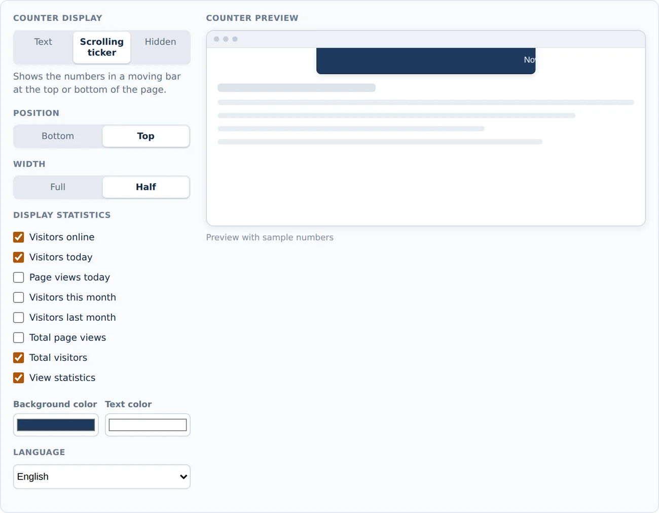 Options and preview for the Scrolling ticker display