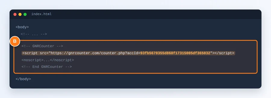The counter code inside a website’s HTML, highlighted