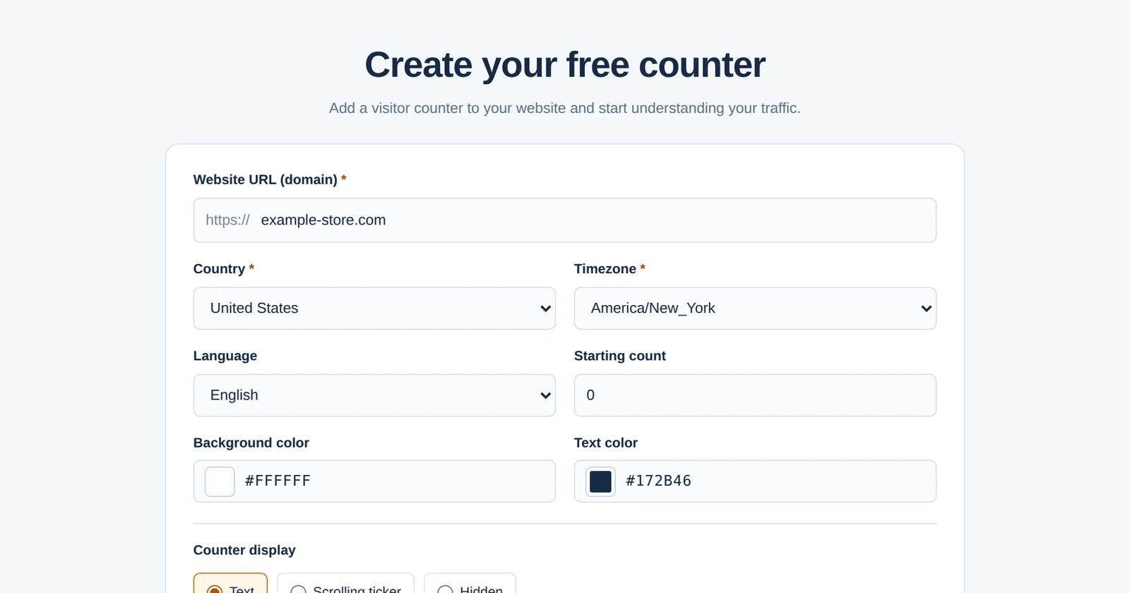 The GNRCounter form for creating a free counter with website, country, timezone, language and display settings