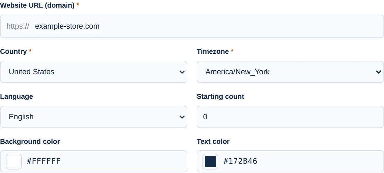 The form fields: website URL, country, timezone, language, starting count and two colors