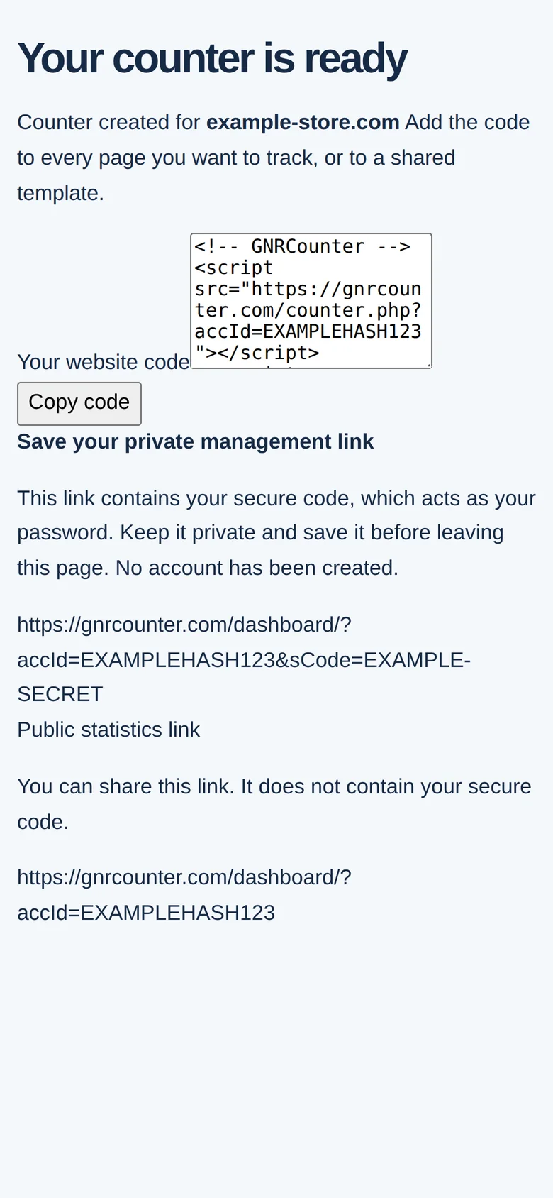 The result screen on a phone with the code and the links