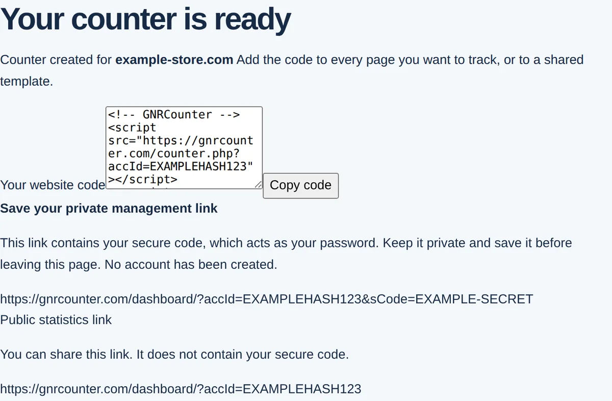 The result screen with the website code, the private management link and the public statistics link