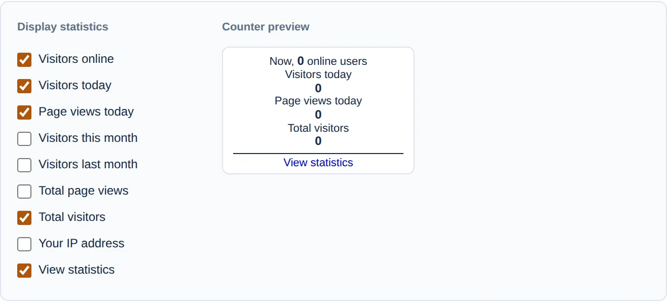 Statistics checkboxes and the live counter preview for the Text display