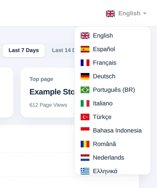 The language selector open with the list of languages and flags