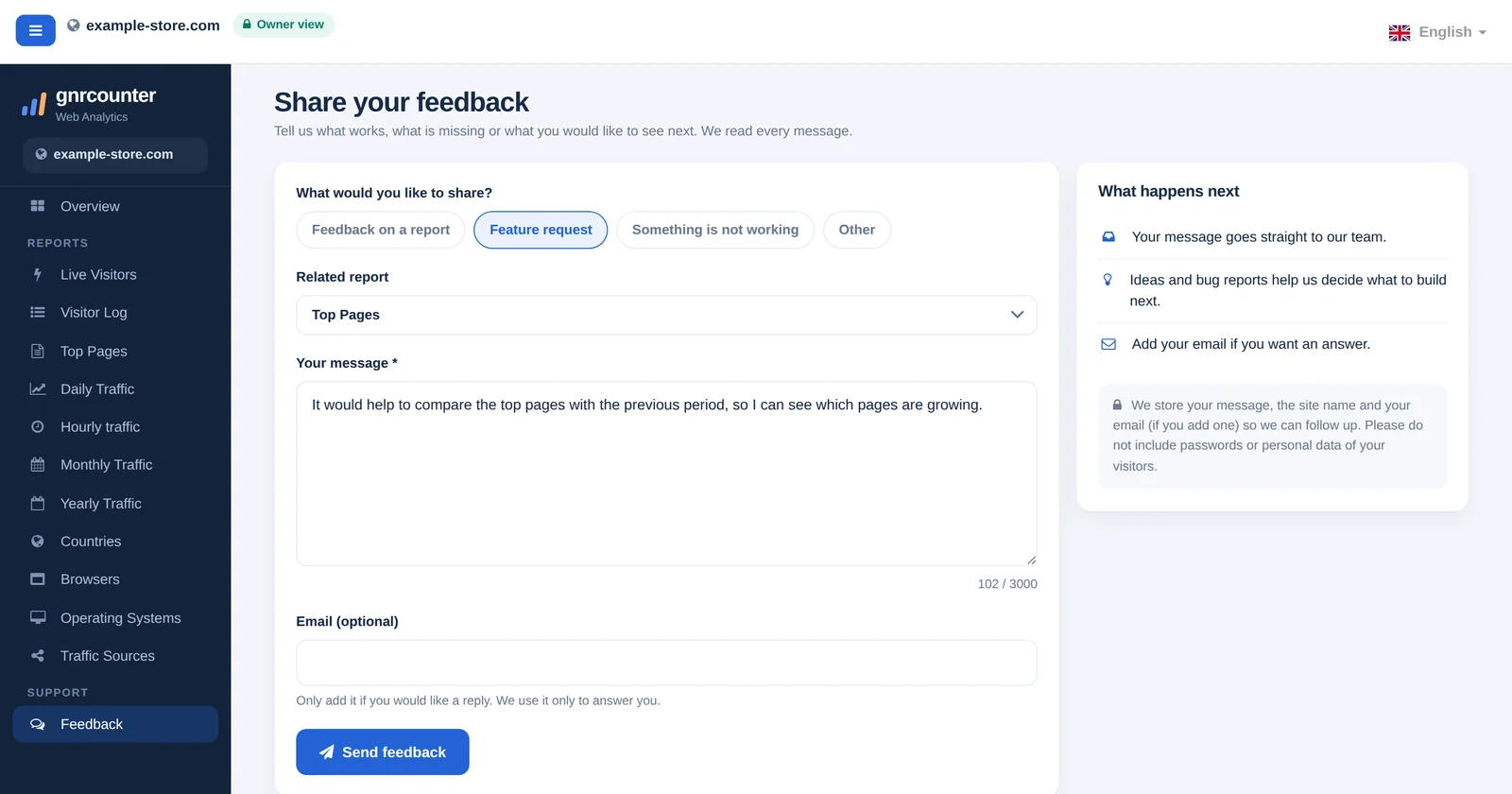 The GNRCounter Feedback page showing the message form with message type, related report, message and email fields, using sample data