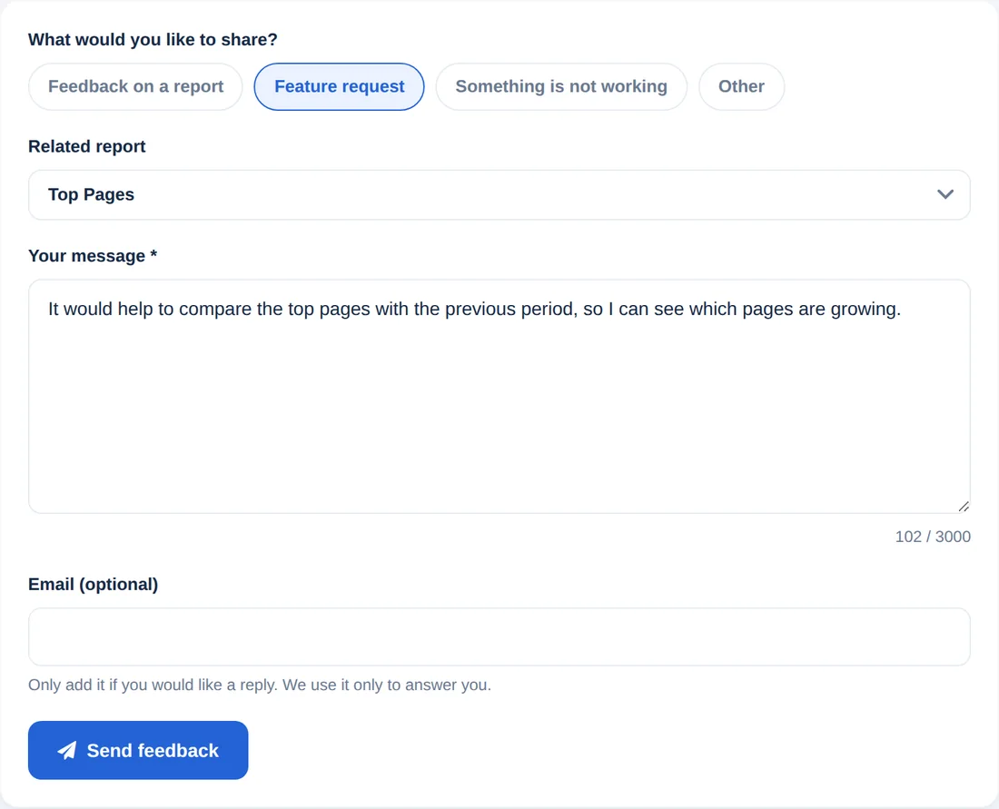 The feedback form with message type, related report, message and email