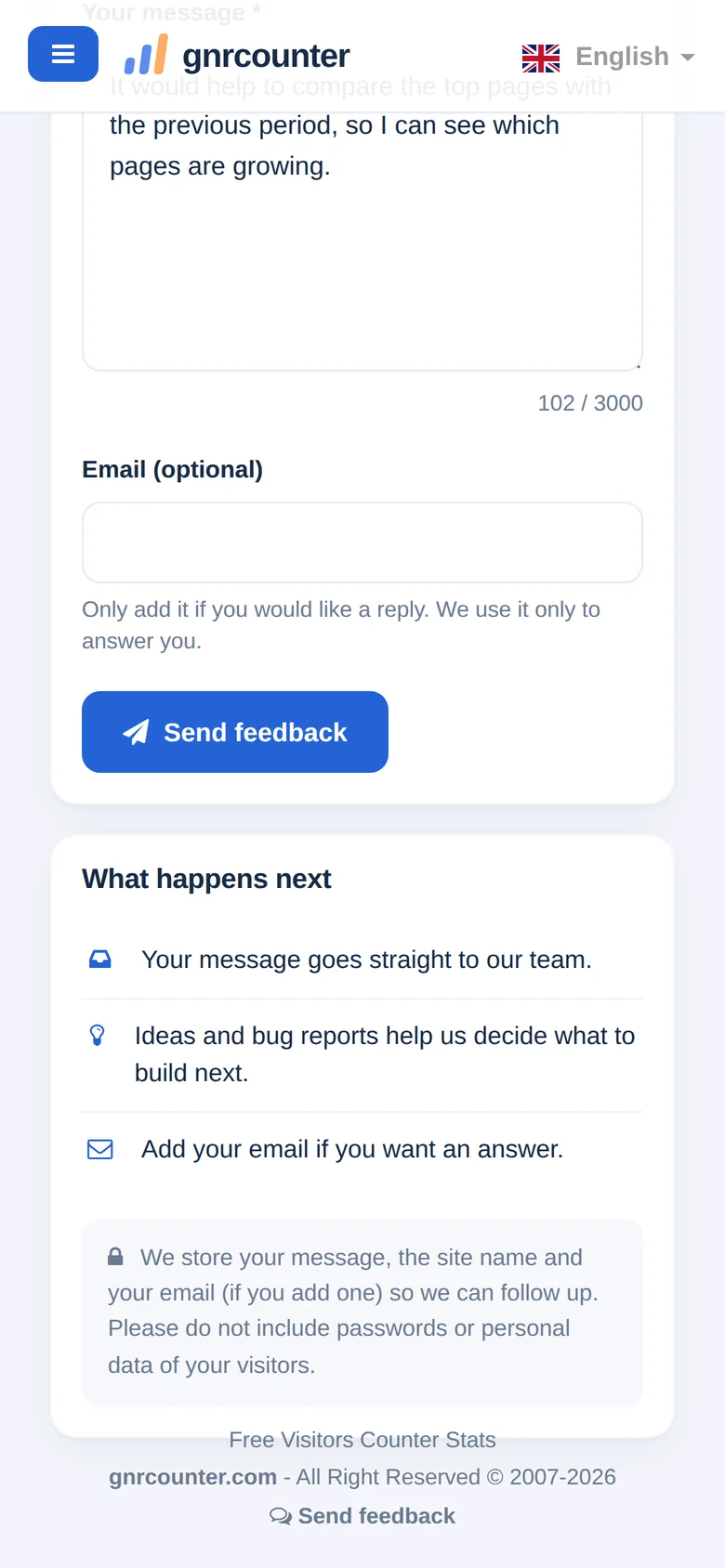 The Feedback page on a phone, scrolled down to the email field and the send button