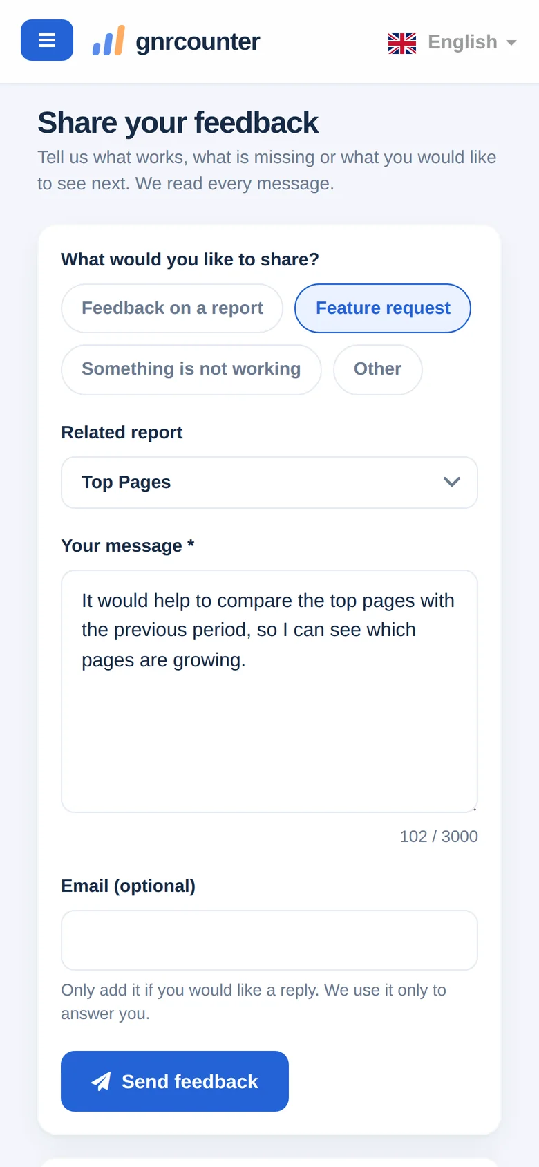 The Feedback form on a phone