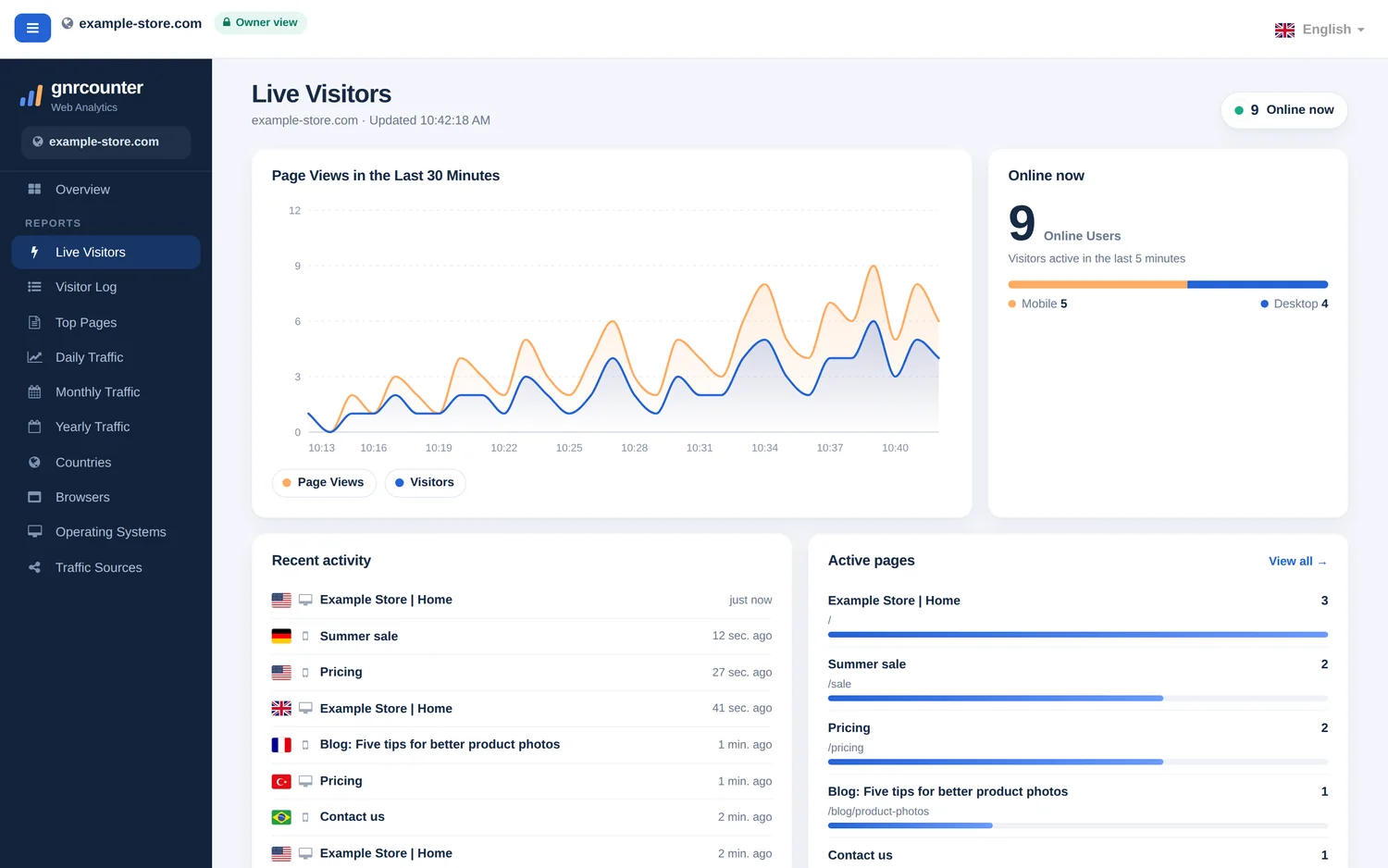 Live Visitors page with 9 online users, a lively page views chart and a full activity feed