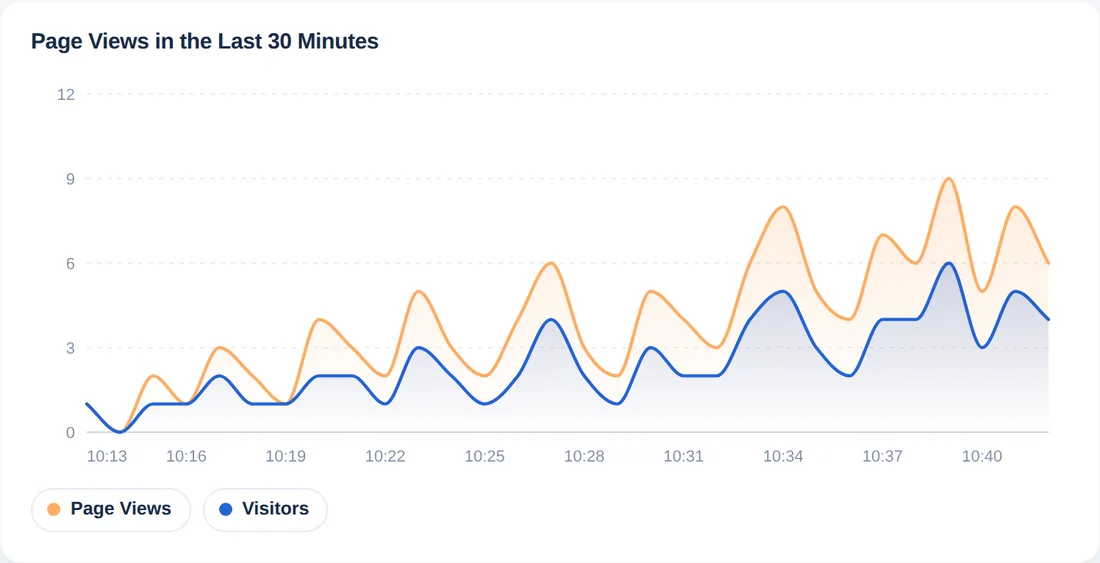 Chart of page views and visitors for each minute of the last 30 minutes