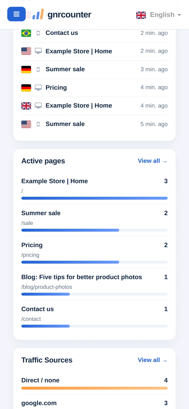 Live Visitors on a phone, scrolled down to the recent activity list