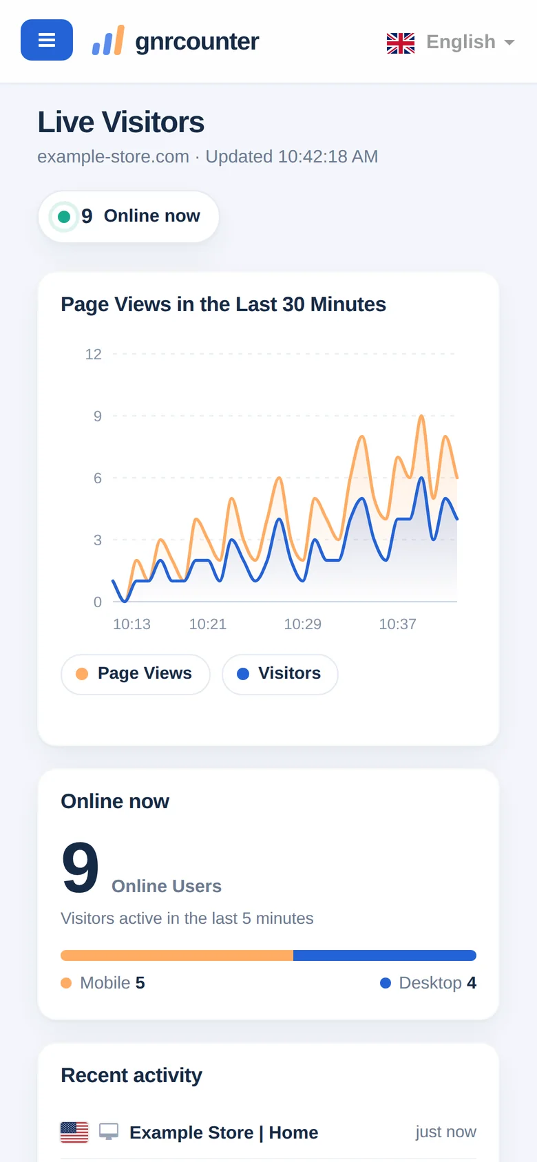 Live Visitors on a phone: online count and the page views chart