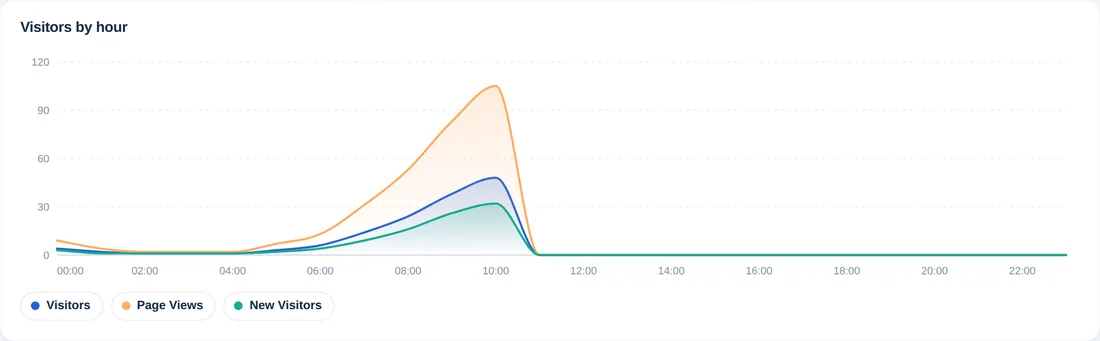 Visitors by hour chart with lines for visitors, page views and new visitors