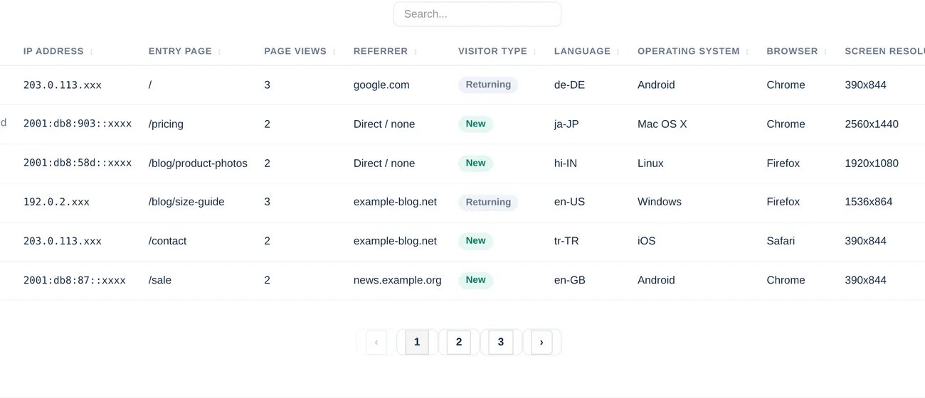 Visitor log columns in the owner view with shortened IP addresses and referrers visible