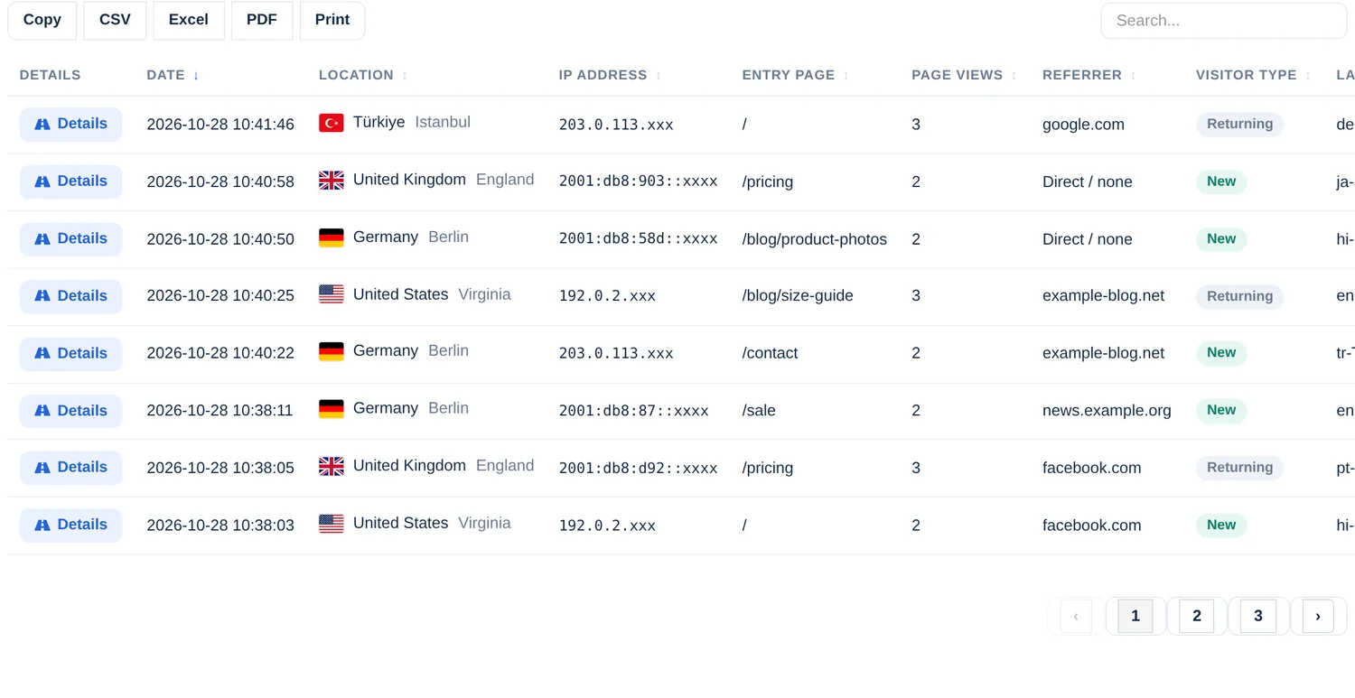The left side of the visitor table: Details button, date, location, IP address, entry page and page views