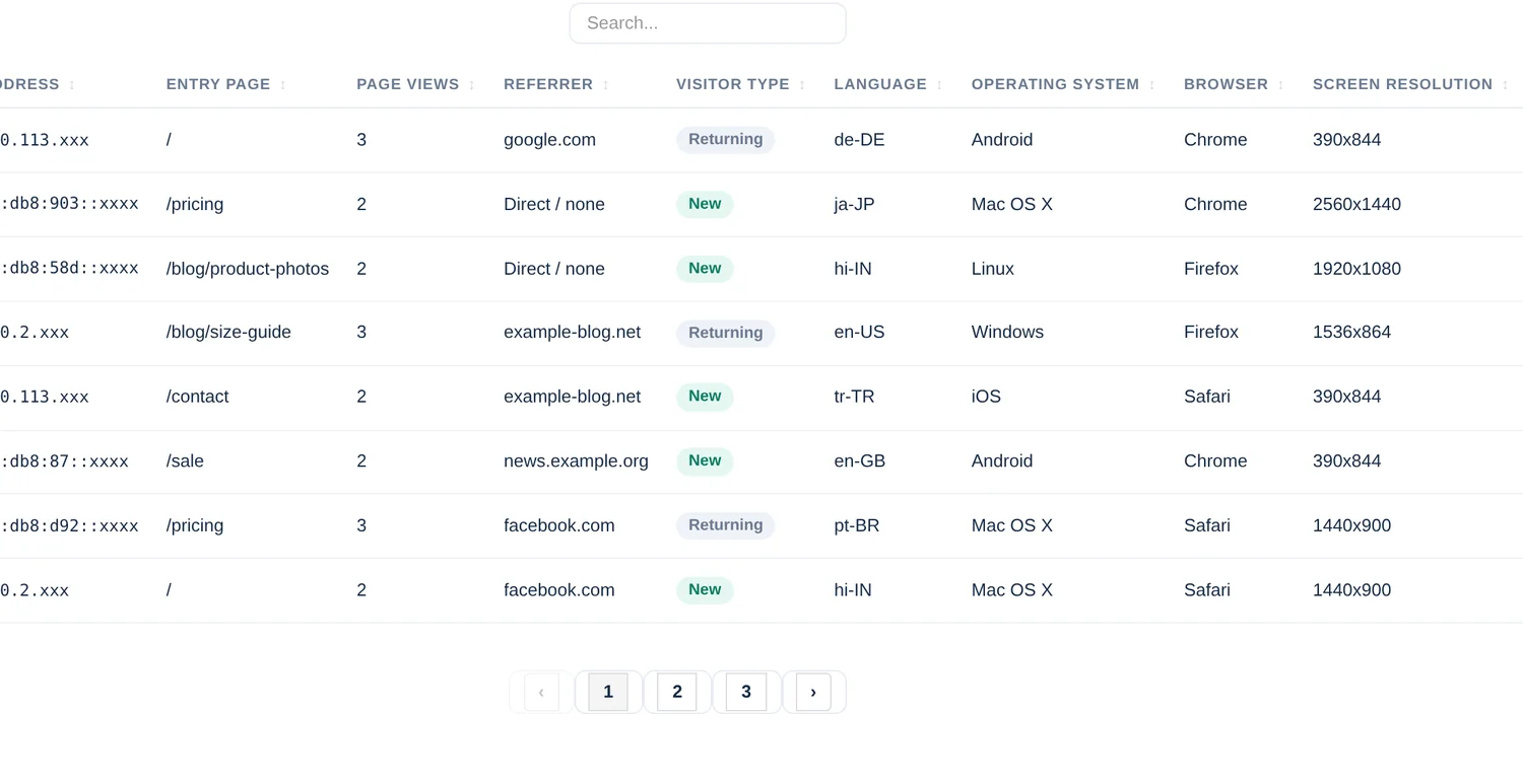 The right side of the visitor table: referrer, visitor type, language, operating system, browser and screen resolution