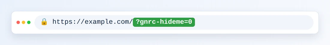 A browser address bar showing https://example.com/ followed by ?gnrc-hideme=0 highlighted