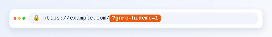 A browser address bar showing https://example.com/ followed by ?gnrc-hideme=1 highlighted